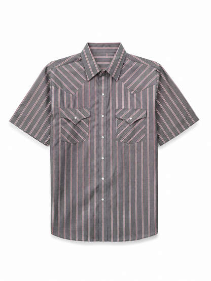 💥 Limited Time Mega Sale 💥Men's Western Stripe Snap Shirt with Pocket - Short Sleeve Casual Cowboy Shirt