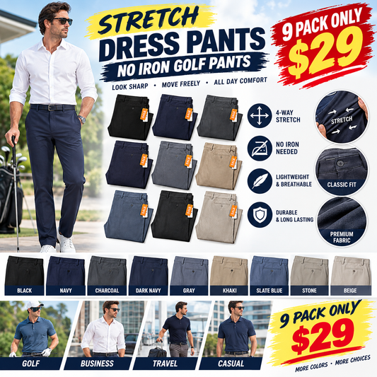 🔥 Limited-Time Offer! Men's Stretch Dress Pants | 9-Pack No-Iron Golf & Work Pants 👖💥