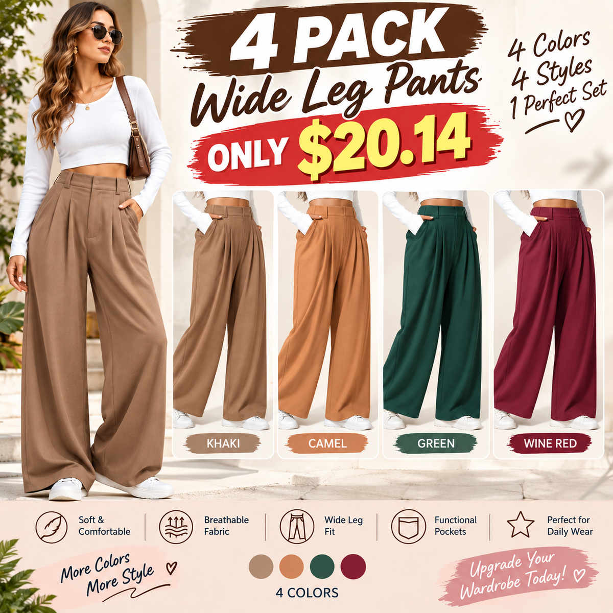 🔥Autumn Sale– High Waisted Pleated Wide Leg Waffle Work Pants with Side Pockets