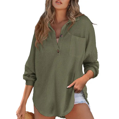 🔥 Crazy Deals For A Limited Time 🔥Women's Oversized Waffle Knit Henley Top - Casual V-Neck Mesh Knitwear Long Sleeve Tunic Blouse for Fall