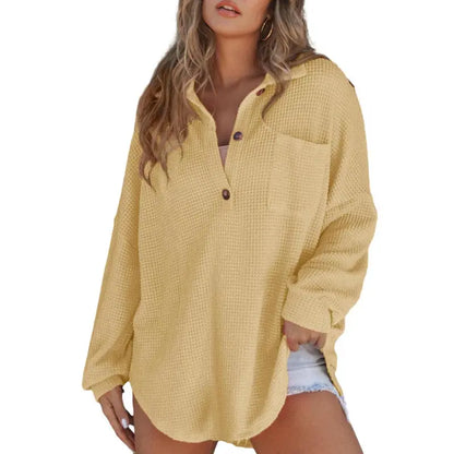 🔥 Crazy Deals For A Limited Time 🔥Women's Oversized Waffle Knit Henley Top - Casual V-Neck Mesh Knitwear Long Sleeve Tunic Blouse for Fall