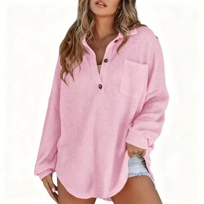 🔥 Crazy Deals For A Limited Time 🔥Women's Oversized Waffle Knit Henley Top - Casual V-Neck Mesh Knitwear Long Sleeve Tunic Blouse for Fall
