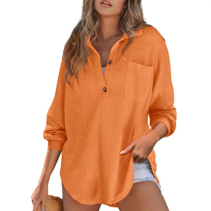 🔥 Crazy Deals For A Limited Time 🔥Women's Oversized Waffle Knit Henley Top - Casual V-Neck Mesh Knitwear Long Sleeve Tunic Blouse for Fall