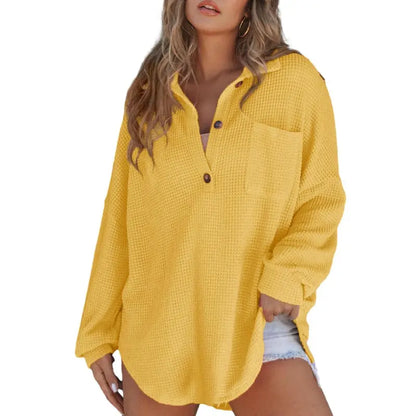 🔥 Crazy Deals For A Limited Time 🔥Women's Oversized Waffle Knit Henley Top - Casual V-Neck Mesh Knitwear Long Sleeve Tunic Blouse for Fall