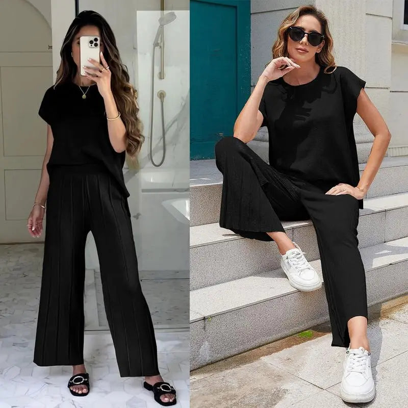 Women's Knit Pullover Tops High Waisted Pants Set