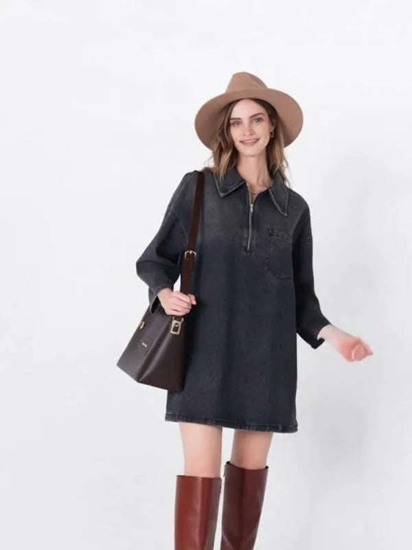 Women's Denim Dress Half-Zip Collared Vintage Washed Blue Loose Fit Long Sleeve
