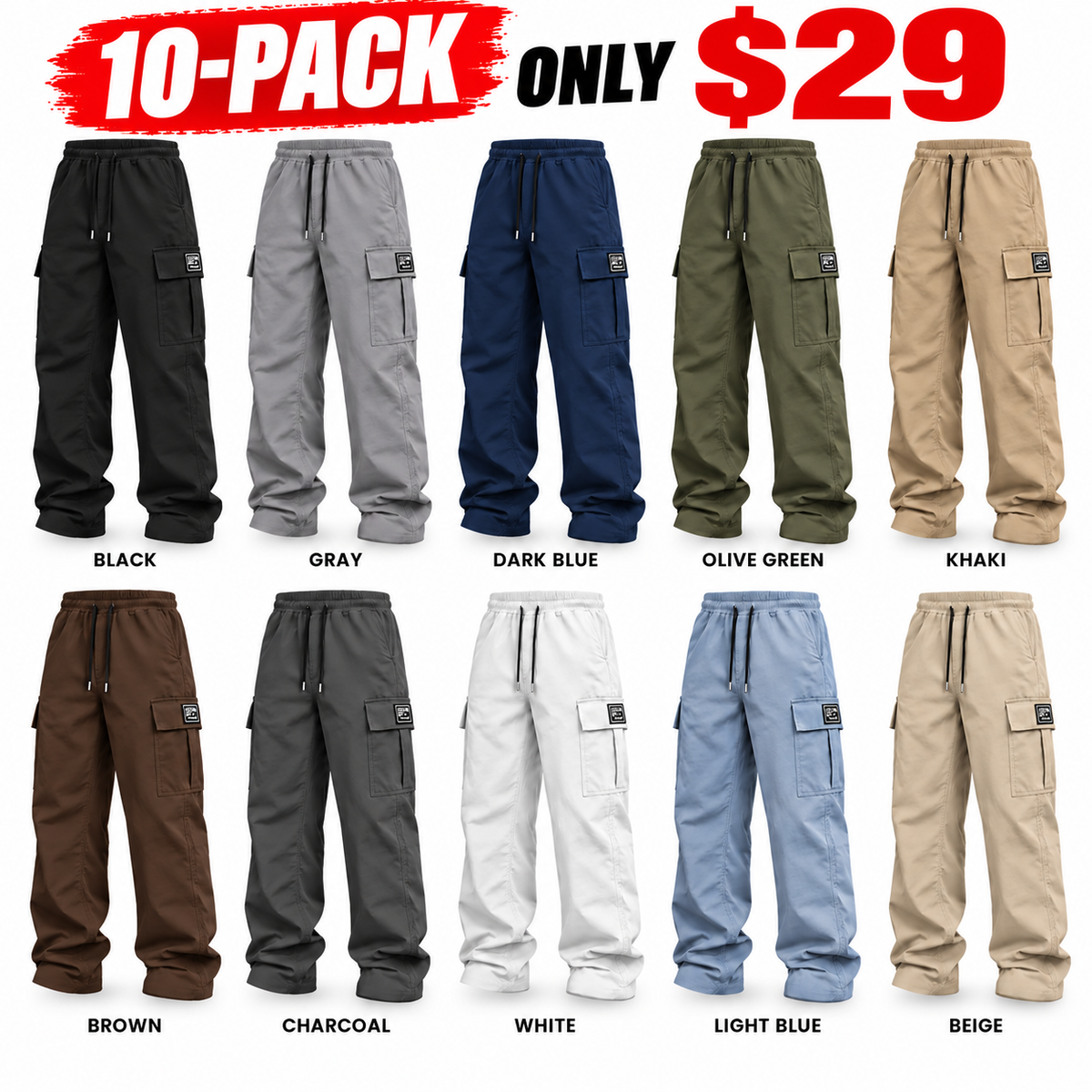 Men's cargo pants, solid-color casual loose-fit cargo trousers