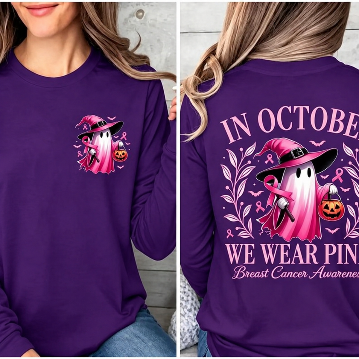 CLEARANCE SALE🔥 Pink Ghost Long Sleeve Top, Breast Cancer Awareness Shirt