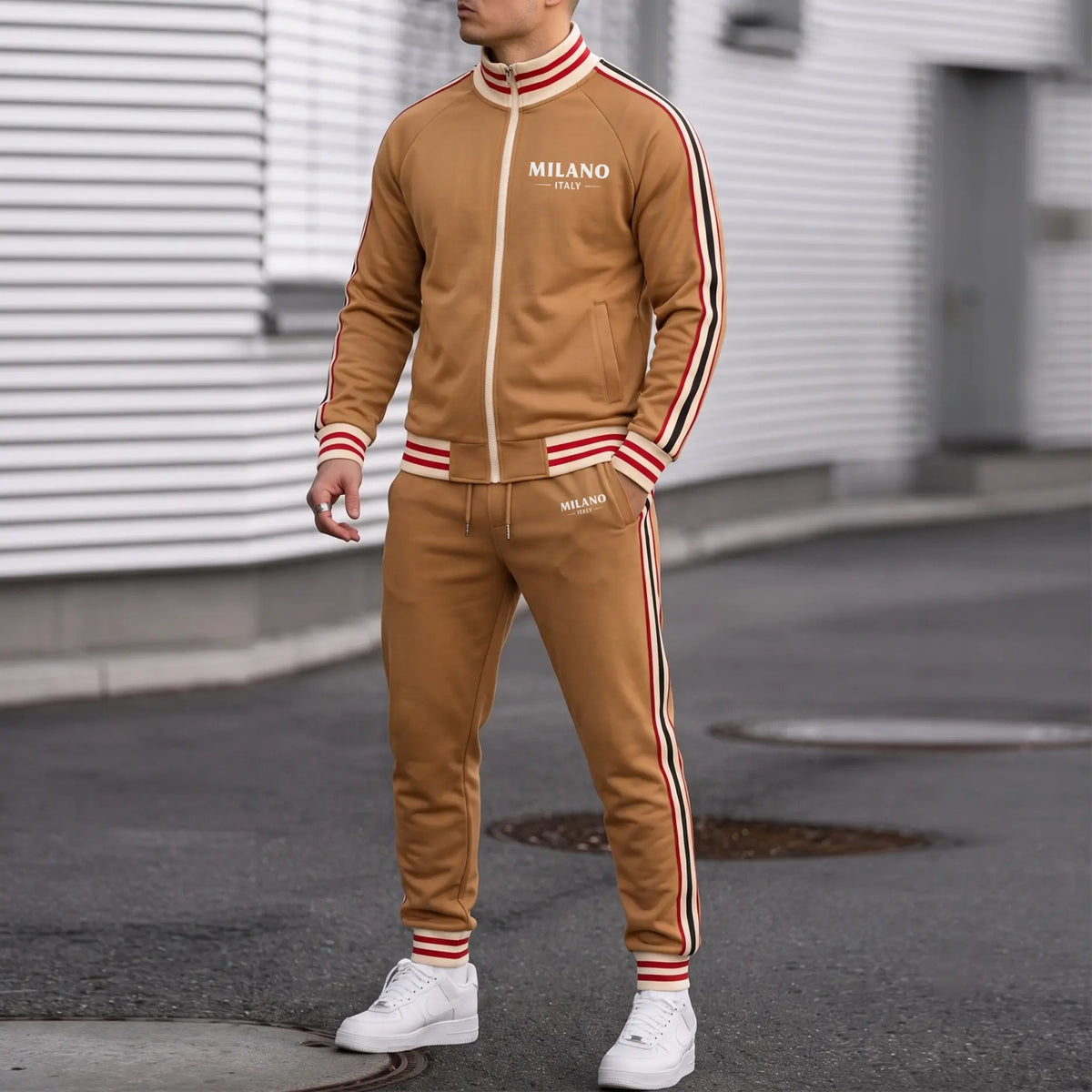 Man wearing coffee retro tracksuit