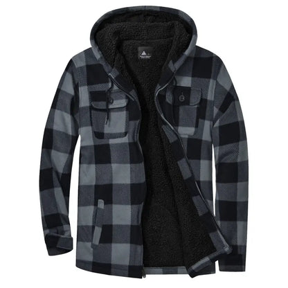 Men's Slim-Fit Thickened Plaid Fleece Hooded Jacket