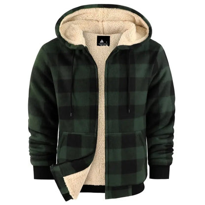 Men's Slim-Fit Thickened Plaid Fleece Hooded Jacket