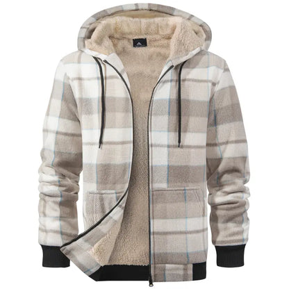 Men's Slim-Fit Thickened Plaid Fleece Hooded Jacket