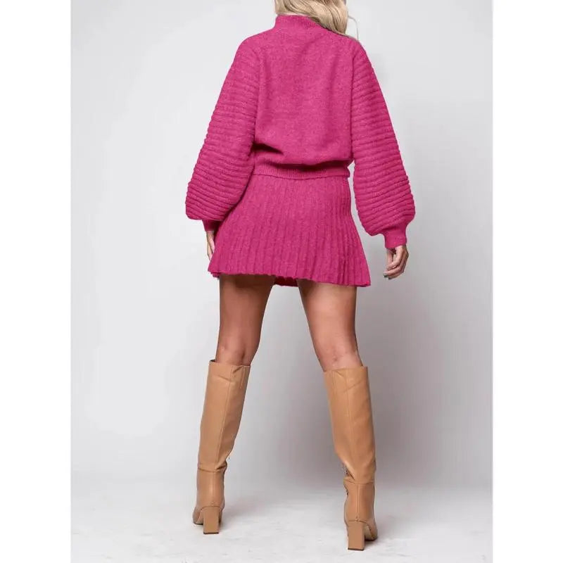 Women's 2 Piece Outfits 2025 Long Sleeve Mock Neck Ribbed Sweaters And Mini Skirt Two Piece Sets