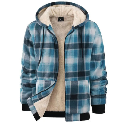 Men's Slim-Fit Thickened Plaid Fleece Hooded Jacket