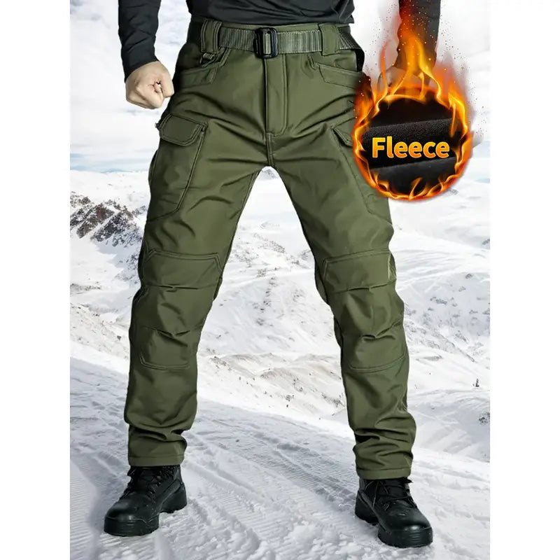 Men's Fleece-Lined Tactical Cargo Pants, Windproof Warm Work Pants with Multi-Pockets, 320g Fabric, Regular Fit Outdoor Pants for Fall & Winter