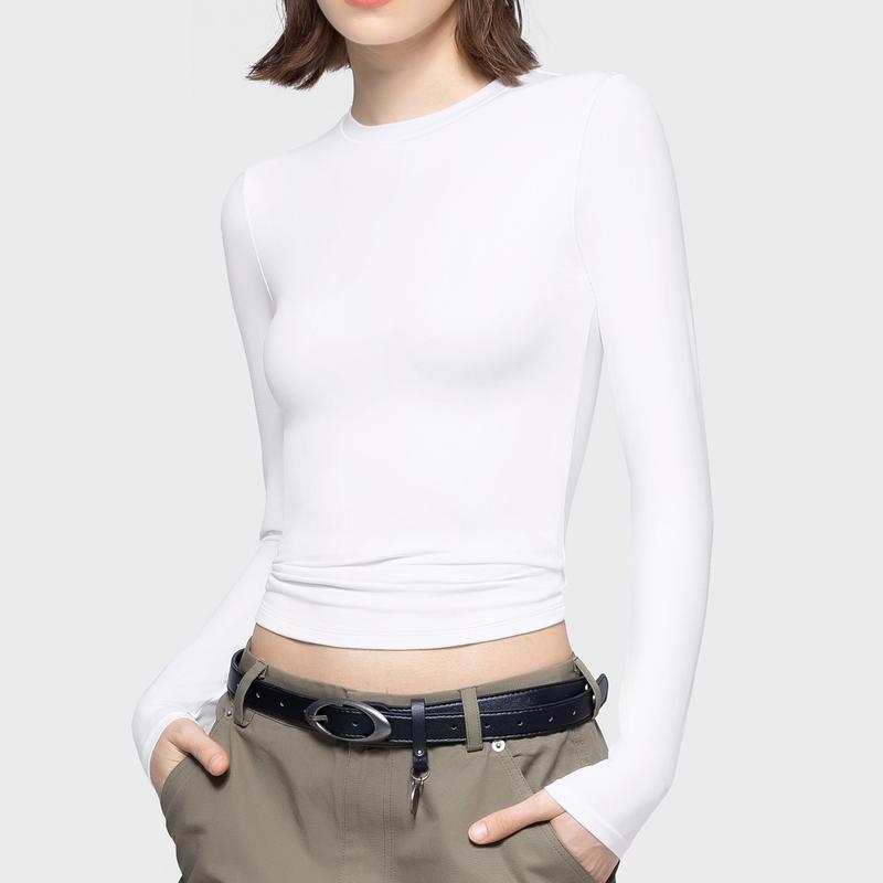 Long Sleeve Basic Tee Women's Crew Neck Slim Fit Tops Streetwear Minimalist Double Layer Compression Tee