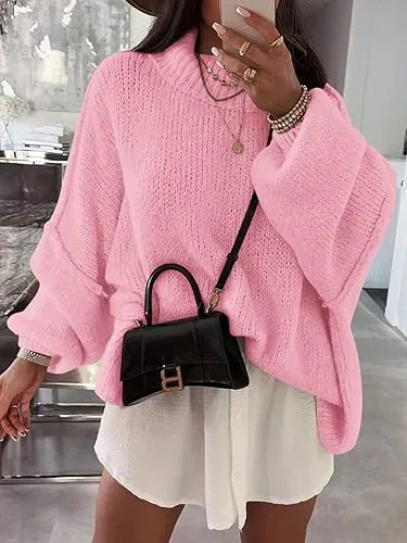 ✨Womens Oversized Mock Neck Batwing Long Sleeve Ribbed Knit Casual Tunic Sweater🔥