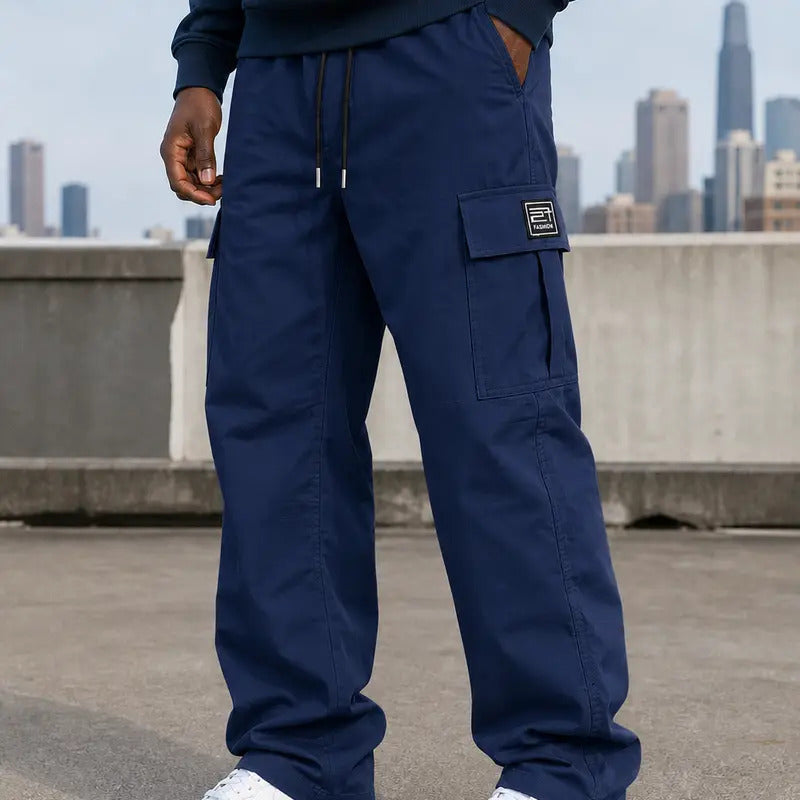 Men's cargo pants, solid-color casual loose-fit cargo trousers