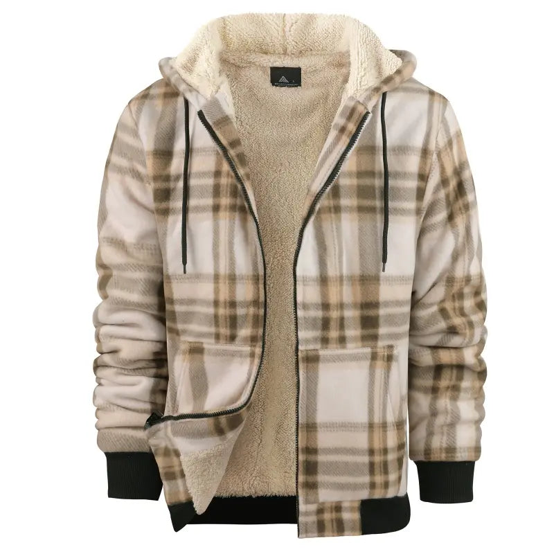 Men's Slim-Fit Thickened Plaid Fleece Hooded Jacket