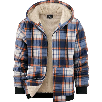 Men's Slim-Fit Thickened Plaid Fleece Hooded Jacket