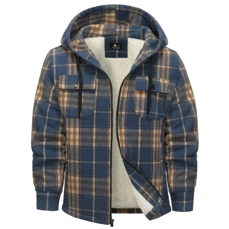 Men's Slim-Fit Thickened Plaid Fleece Hooded Jacket